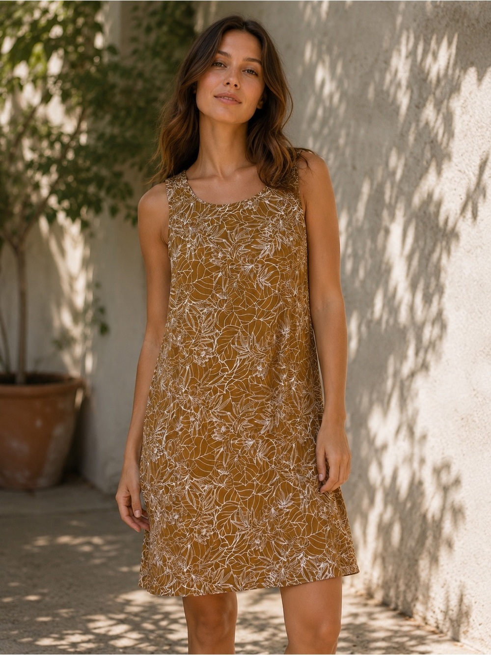 Linen Blend Mini Tank Dress Size L Floral Leaf Pattern with Pockets